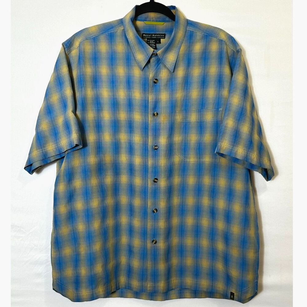 Royal Robbins Mens Short Sleeve Button Down Shirt Size L Blue Yellow Seersucker